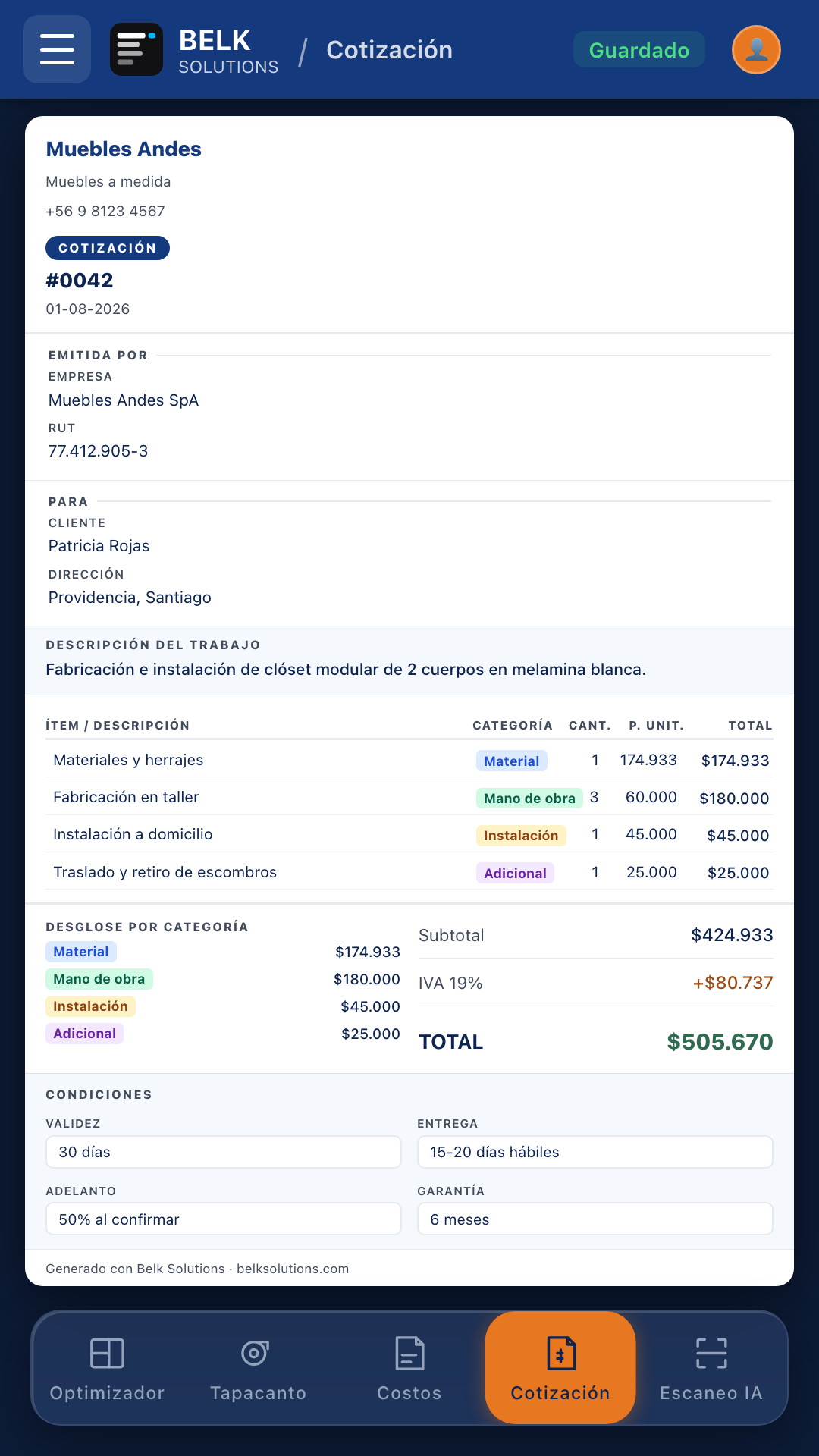 Cotización en la app Belk