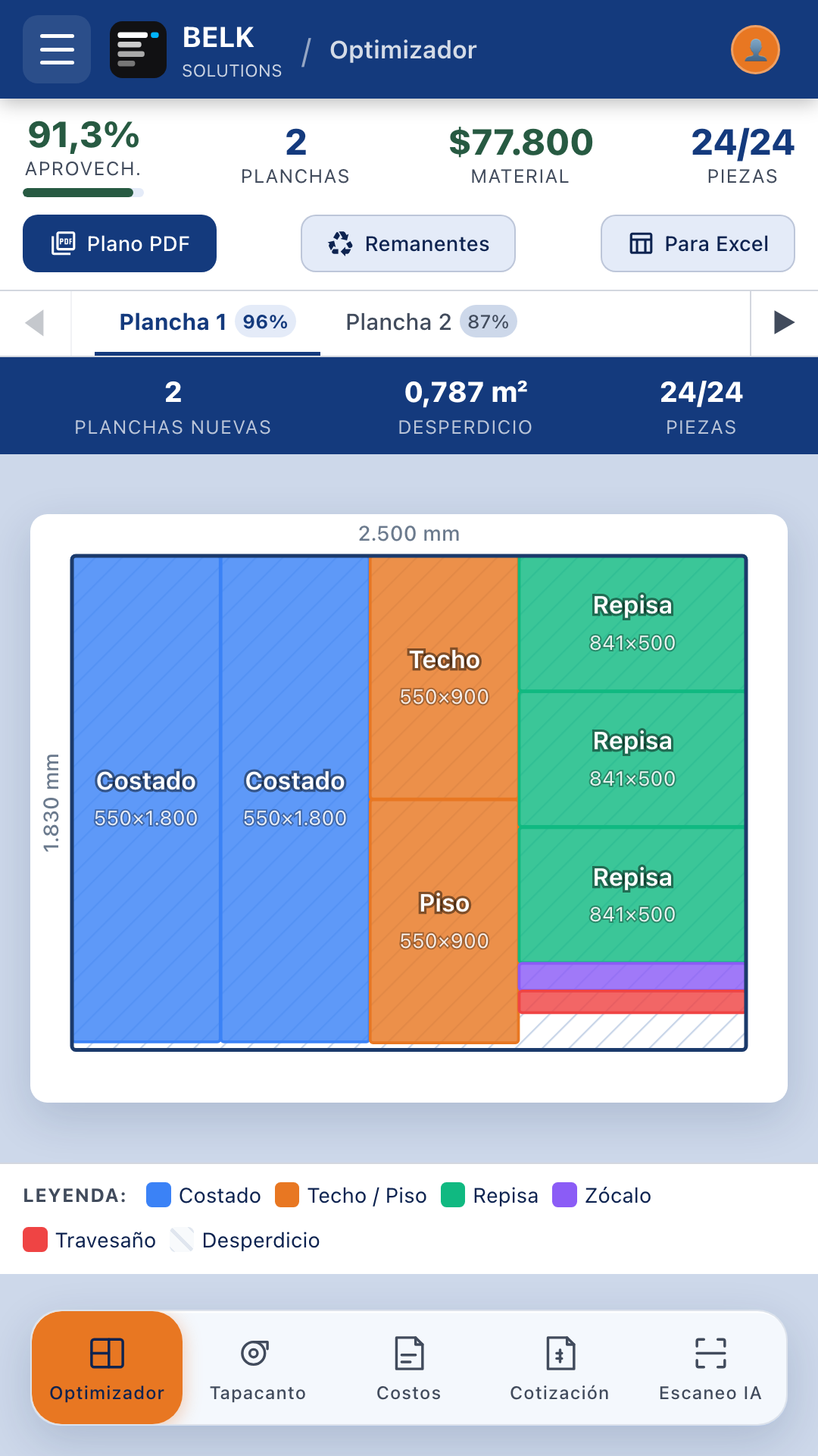 Optimizador de cortes en la app Belk